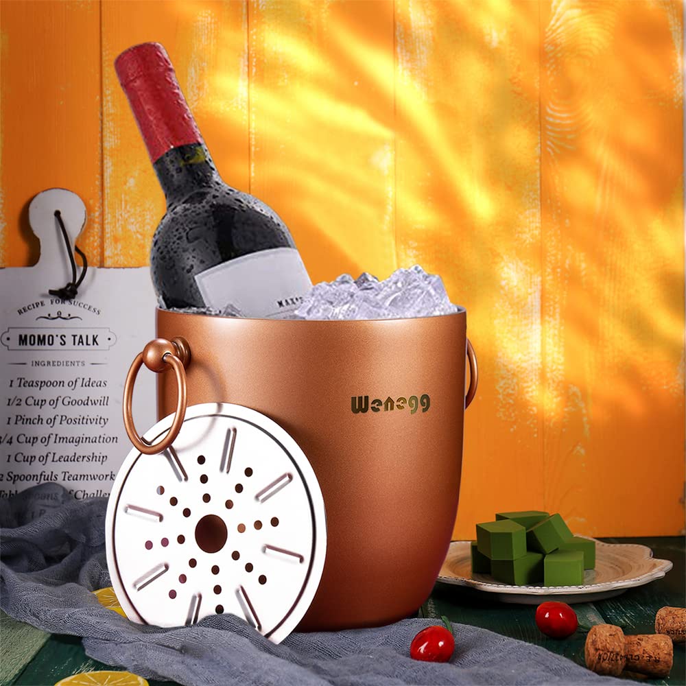 Cubo de Hielo con Tapa y colador – Bien Hecho de Acero Inoxidable Aislado, Doble Pared, Mantiene el Hielo congelado Durante más Tiempo, Cuchara de Hielo y Pinzas – 3 litros (Cobre)
