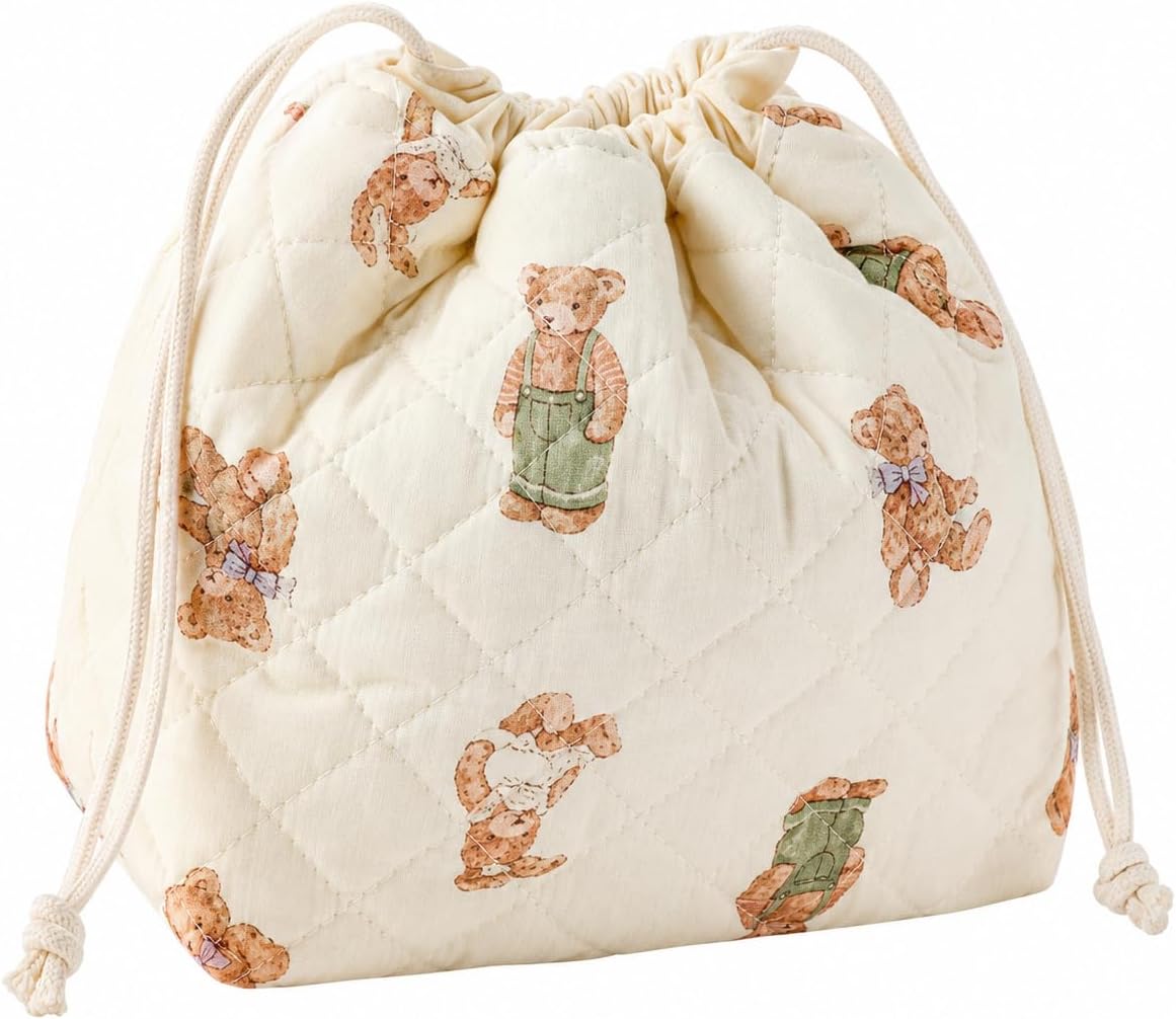 Drawstring Makeup Bag for Women & Girls, Cute Makeup Bag with Bear Print, Small Cotton Linen Makeup Pouch for Purse and Travel, Soft Quilted Design, 7.1 x 4.3 x 7.1 in