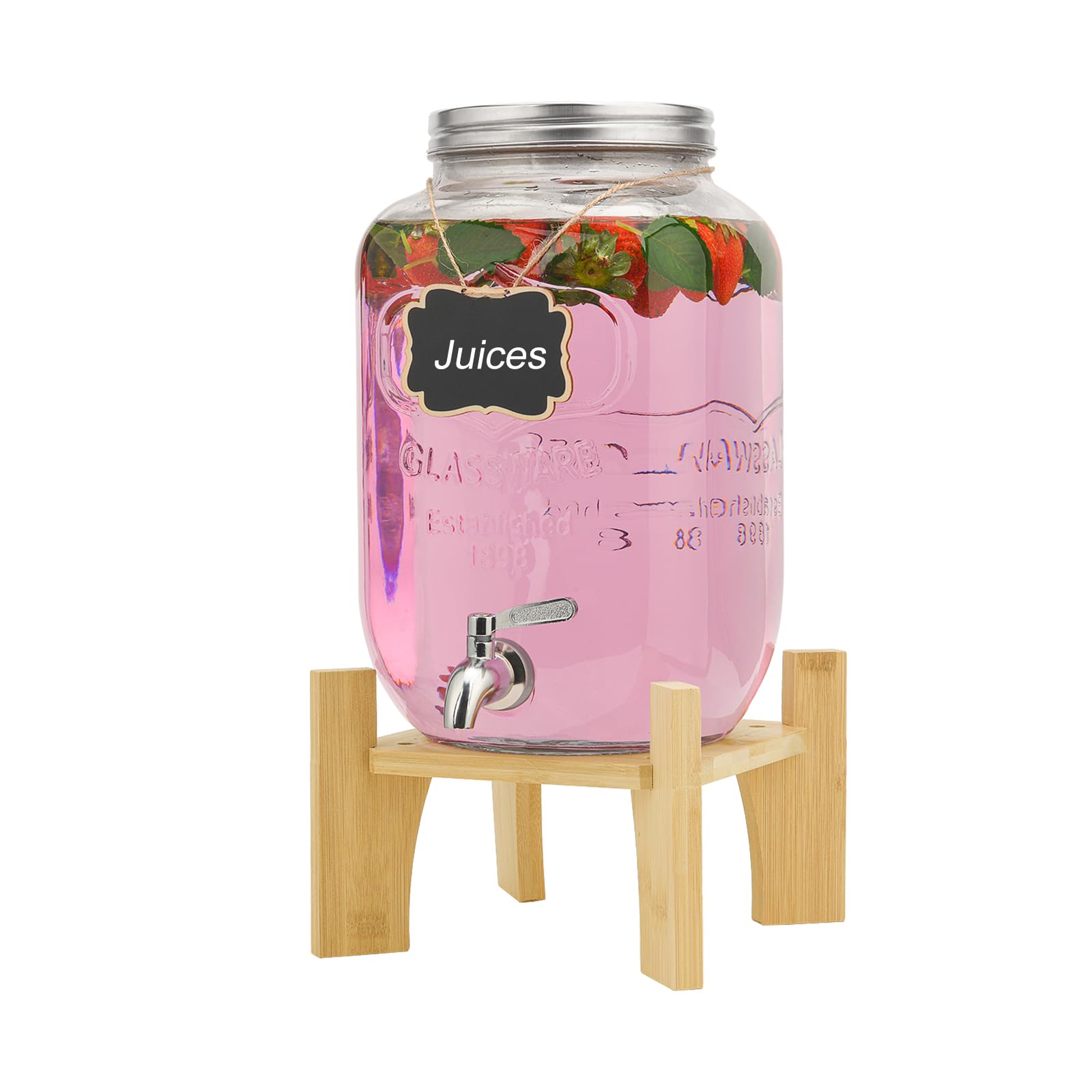 Dispensador de bebida de vidrio de 8 litros con grifo inoxidable, ideal para fiestas, con soporte de bambú, jarra de agua con grifo, perfecta