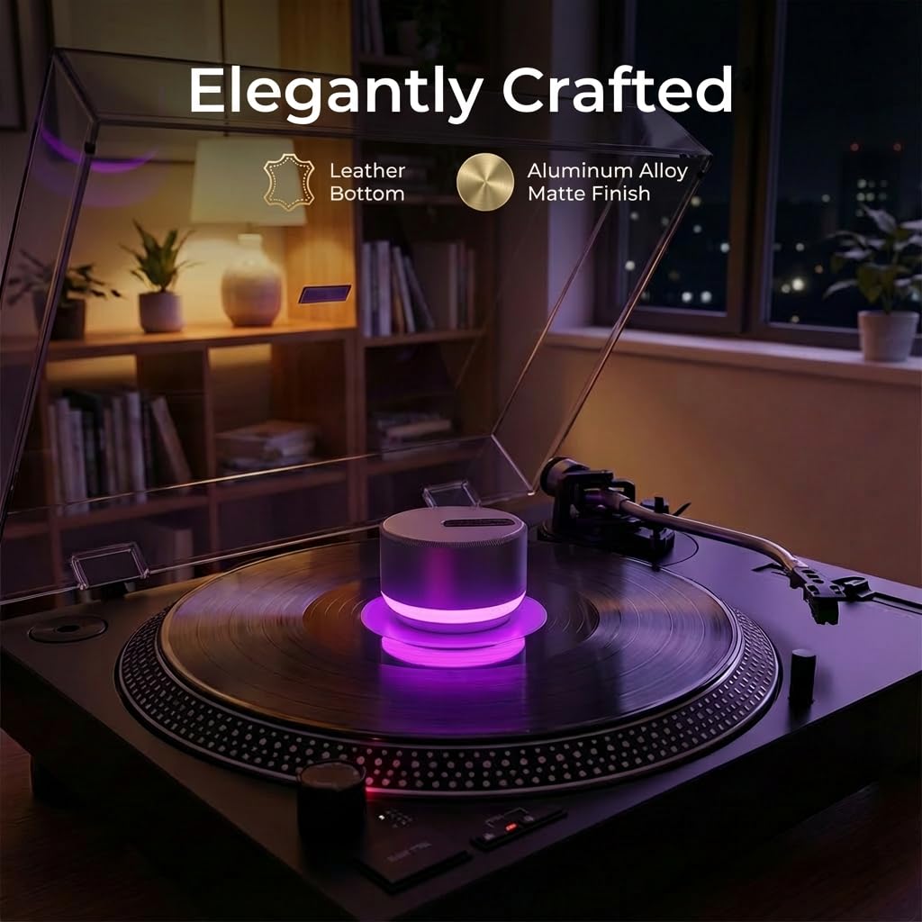 HumminGuru LUMI Plattengewicht Stabilisator und Plattenspieler Geschwindigkeitstester | 33/45/78 RPM Stroboskopscheibe und Licht | 300g Aluminium Gewichtsklammer | 9 LED Farbambienteleuchte Auto-Aus