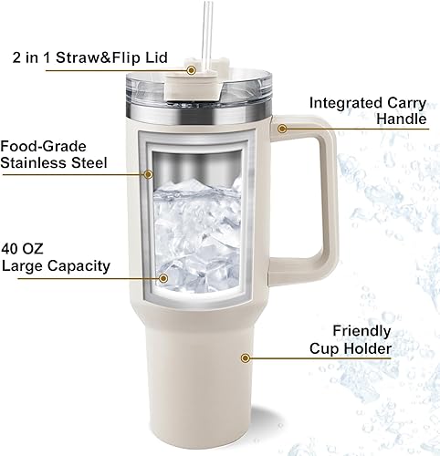 Miniatura 5 de ThermoThrill Se envía al día siguiente, vaso personalizado de 40 onzas con asa y pajita Vaso personalizado con texto Taza de acero inoxidable