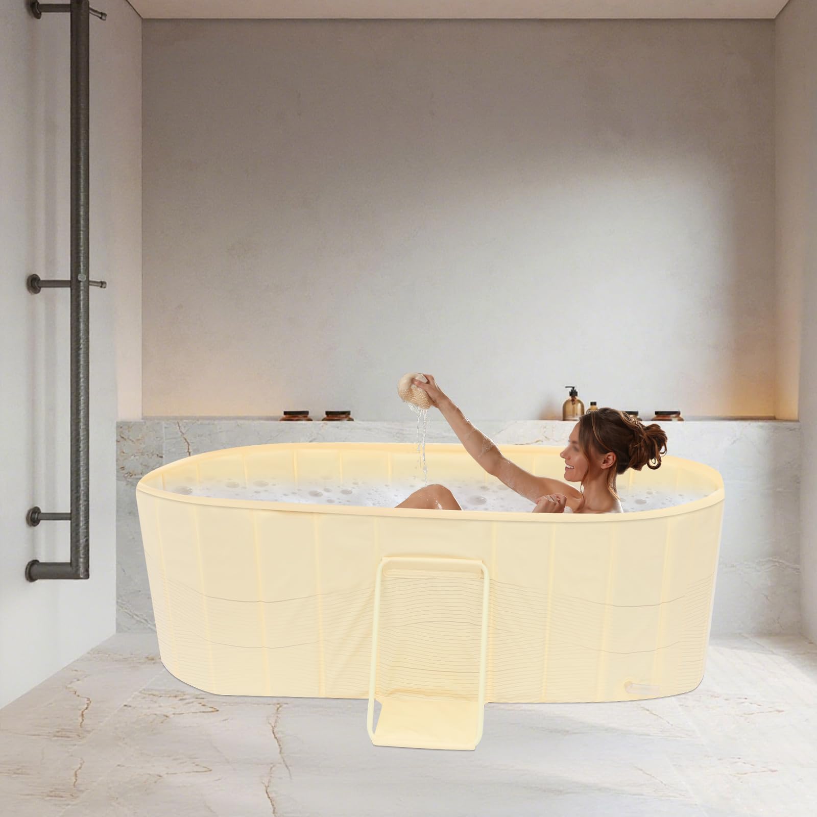 Vasca da bagno portatile pieghevole per adulti per casa, bagno di ghiaccio, sauna e doccia con vite di scarico e tubo, fino a 100 kg, fino a 175 cm, 150 x 55 x 50 cm (giallo)