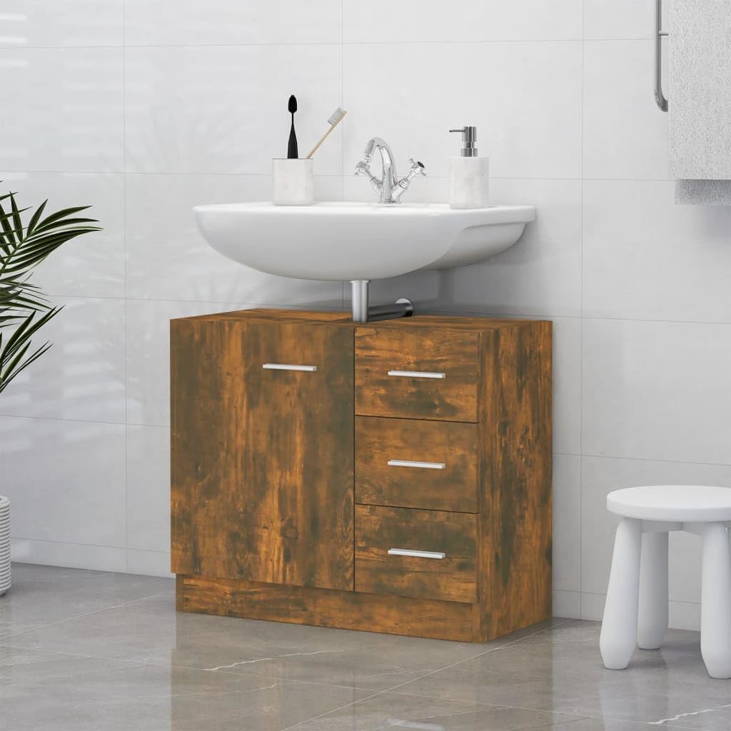 Armario de lavabo moderno en roble ahumado para un baño organizado y acogedor