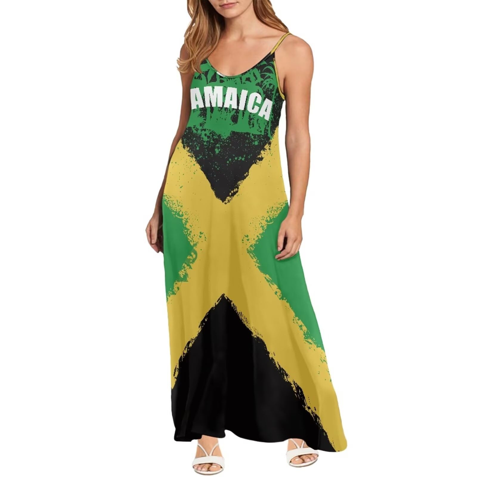 Srengjodk Jamaican Flag Print Summer Dress Adjustable Spaghetti Strap Dress for Plus Size Women Vacation Dress Flowy XS-4xl