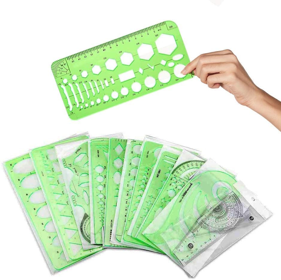 XCMY 15 Pcs Geometric Drawing Templates, Drawing Measuring Geometry Rulers for Drawing Engineering, Building, Office and School : Office Products
