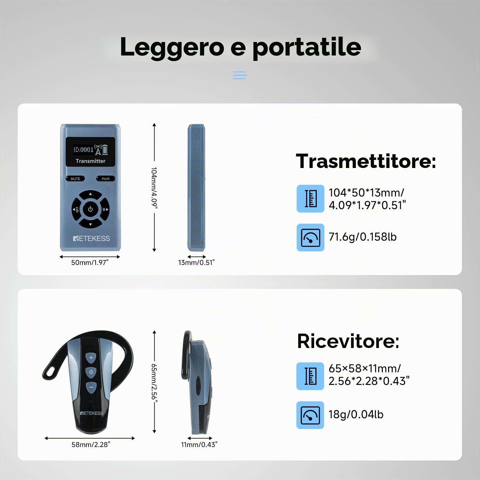 Retekess TT106S Cuffie per Guide Turistiche, Mini Ricevitore con Aggancio Auricolare,2.4G,Distanza di Lavoro di 200 m,AUX,Controllo U-touch,design adesign a Pulsanti Grandi,Per Conferenze, Viaggio