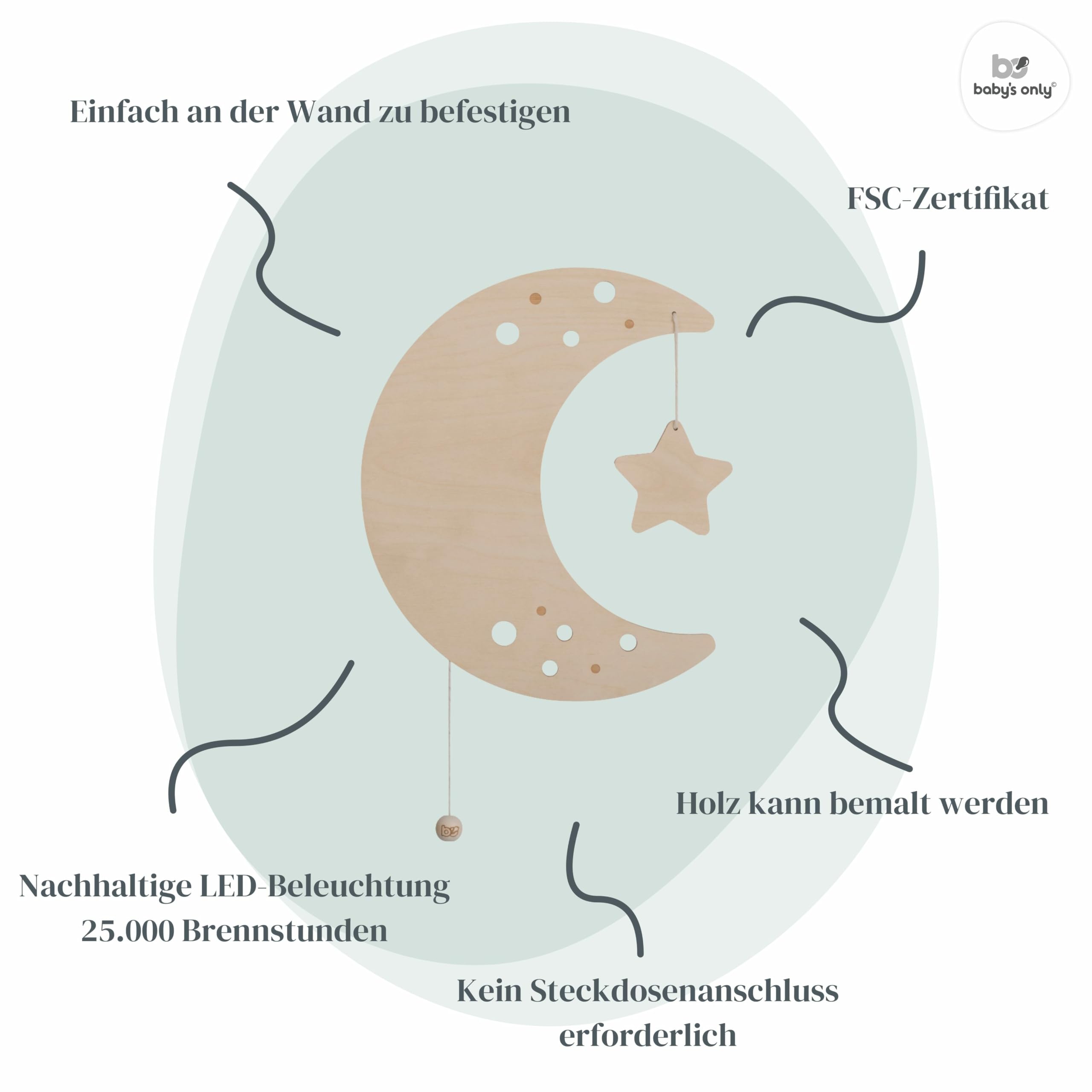 Baby's Only - Baby Wandlampe - Mond - Mondlampe für Babyzimmer - Nachtlampe mit batterie für Kinderzimmer - FSC-Gütezeichen Holzlampe - 25000 Brennstunden - Wandlampe bemalbar