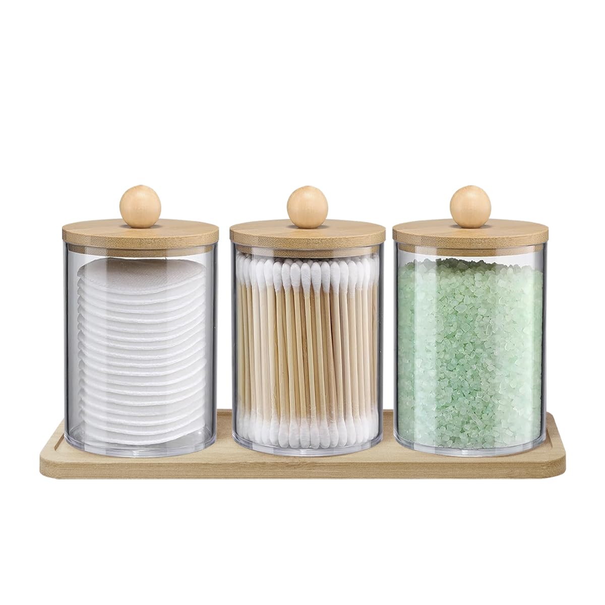 Qtip Holder Dispenser - 3-Pack Bathroom Jars with Bamboo Lids and Tray - Clear Containers for Small Items - Cotton Balls, Round Pads, Toothpicks Organizer - Decorative Storage Solution
