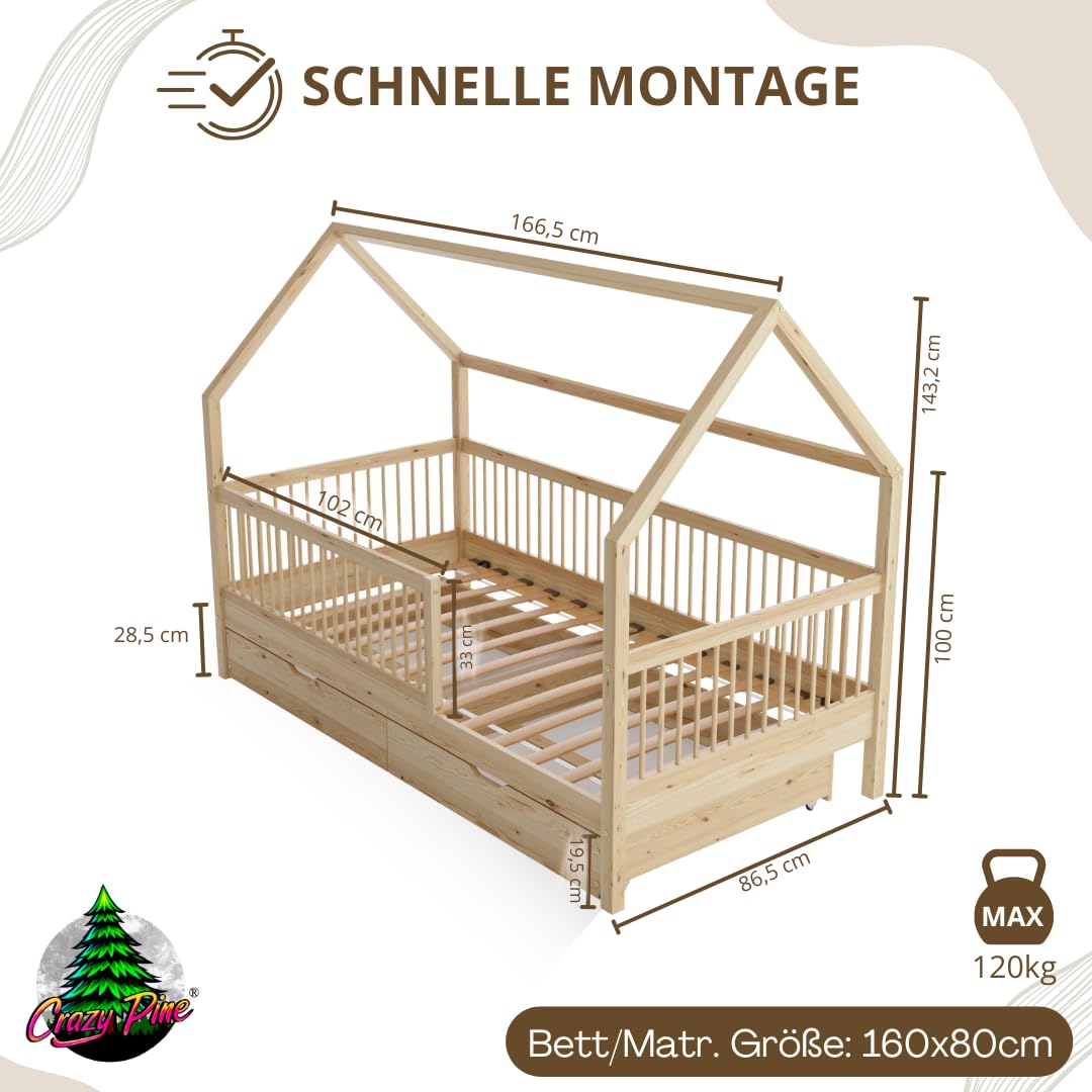 Hausbett – Montessori Kinderbett aus Massivholz mit Rausfallschutz – Sicheres Kinderbett aus Naturholz - Leichter Aufbau - Crazy Folly (Naturholz mit Schubladen, 160 x 80 cm)