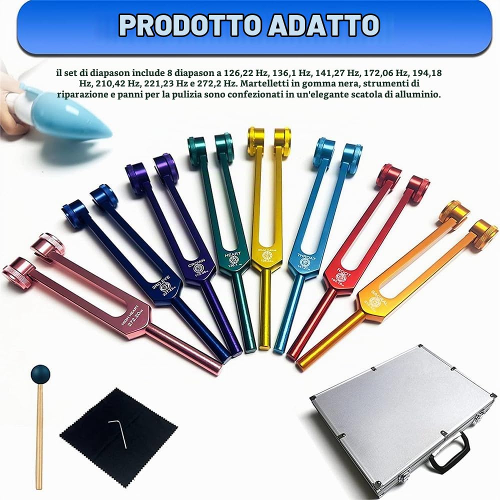 NEWFUN Diapason,Diapason Neurologico,Set di 8 pezzi con base + 1 martelli in silicone e panno per la pulizia, ideale per la terapia, per la terapia dei chakra, la terapia del suono, l'antistress