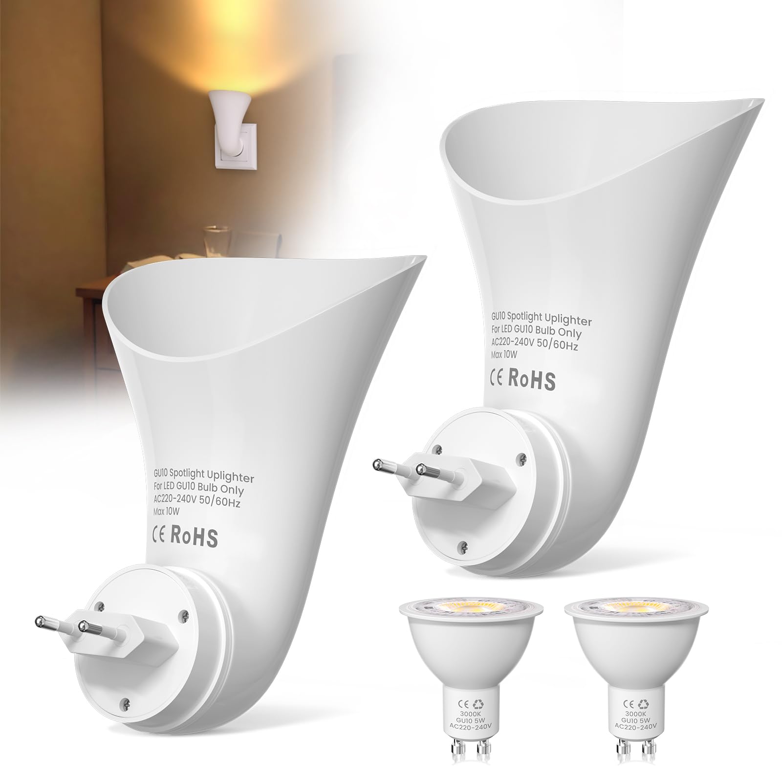 BrightArk Plug in GU10 Wandfluter Steckdosenlampe, Spotlights mit GU10 Fassung, Steckdose Lampe mit Stecker, Indirekte Wandbeleuchtung Innen, Kleine Nachttischlampe, 2 Stück, mit LED Warme Licht Lampe