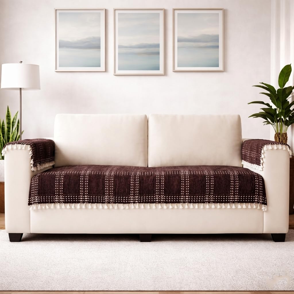 STITCHNEST Artisoul Series Chenille Sofa Cover 3+1+1 Seater with 6 Hand Rest Covers | Premium Heavy Fabric, Washable & Fade Resistant | Brown Sofa Protector with Tassels | 5 Seater-image-33
