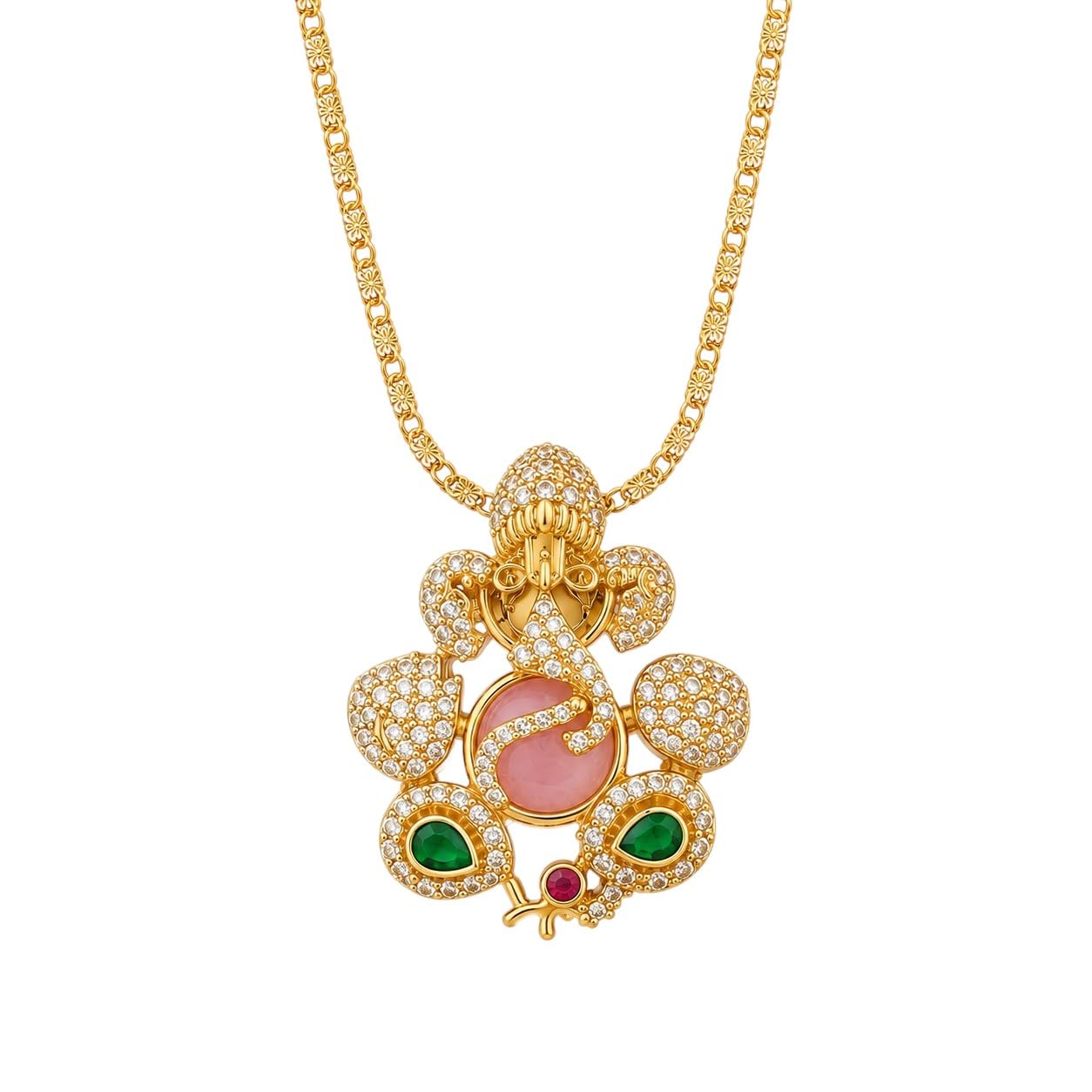 Lord Ganesha Pendant Chain for Women Men & Girls, Gold Plated Brass Ganpati Bappa Locket with American Diamond CZ Stones, Religious Temple Jewellery Necklace, 18 Inch Chain, Festive Daily Wear Gift-image-48