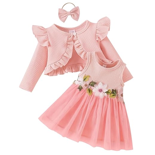 OBEEII Vestido infantil para bebês meninas e cardigã de manga comprida Bolero Shrug Flower Knit Tutu roupa de outono com conjunto de faixa de cabeça