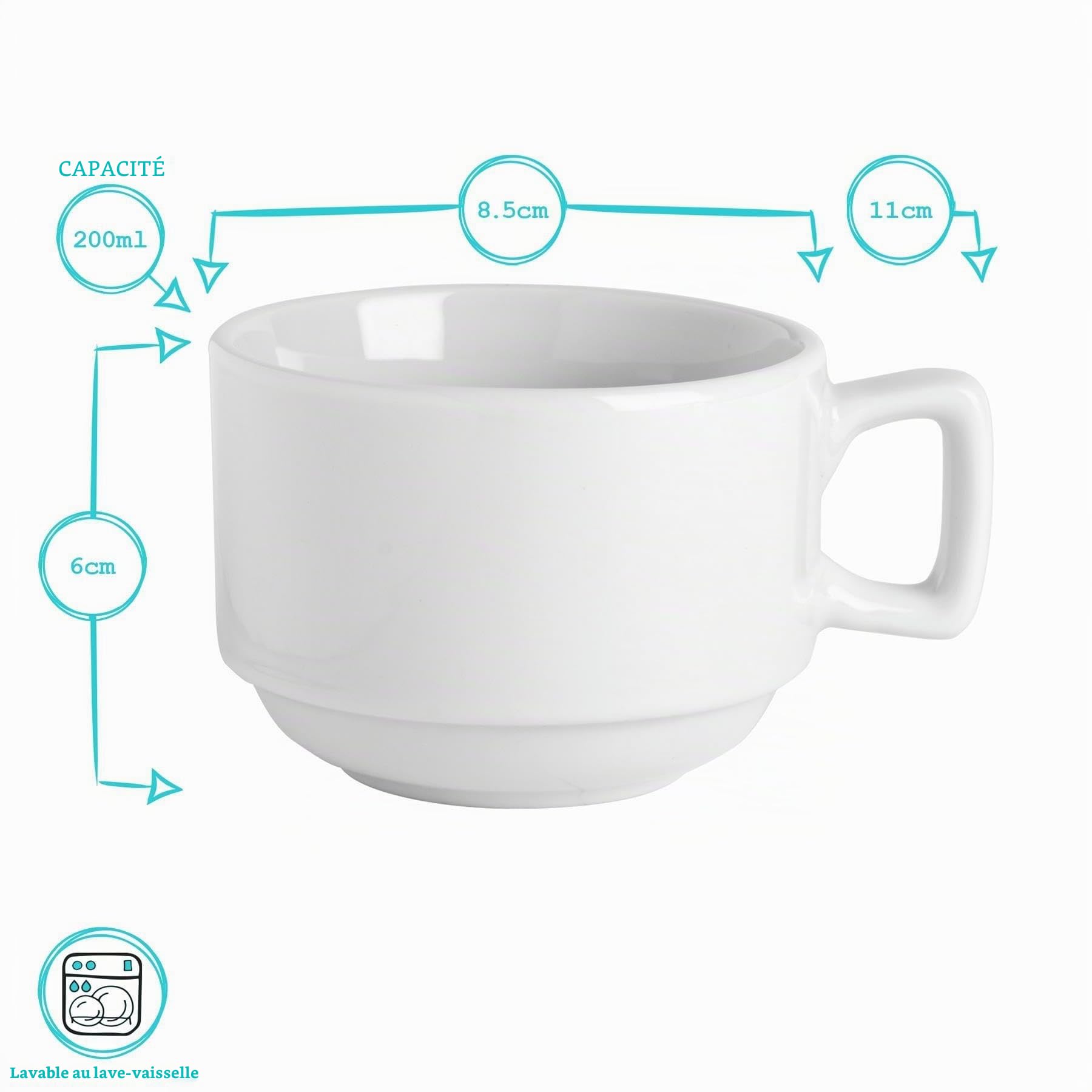 Argon Tableware Ensemble de tasses/soucoupes blanches - 200 ml (7 oz) - 6 tasses et 6 soucoupes