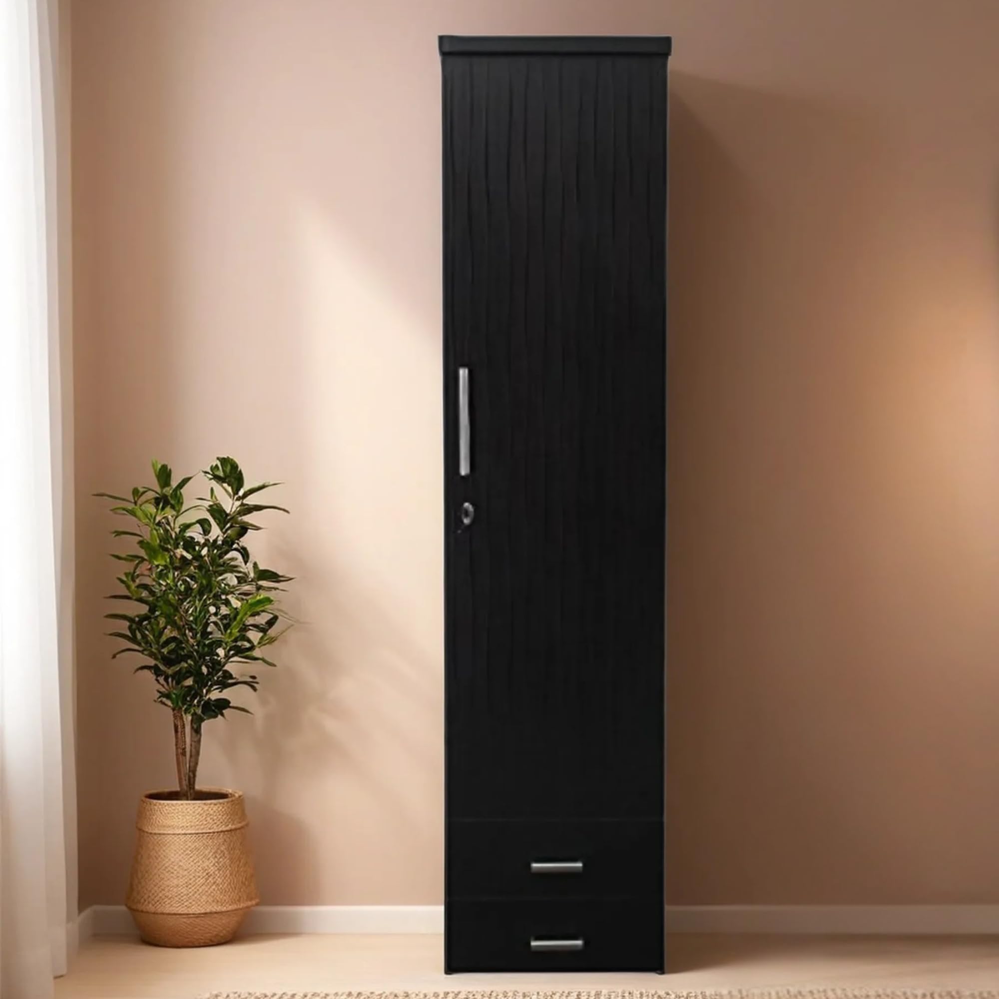 CASPIAN Engineered Wood 1 Door Wardrobe (Black) | Pre Assembled Furniture | Cupboard/Almirah for Bedroom Clothes Storage Organizer with 5 Shelves, Key Lock & 2 Drawers