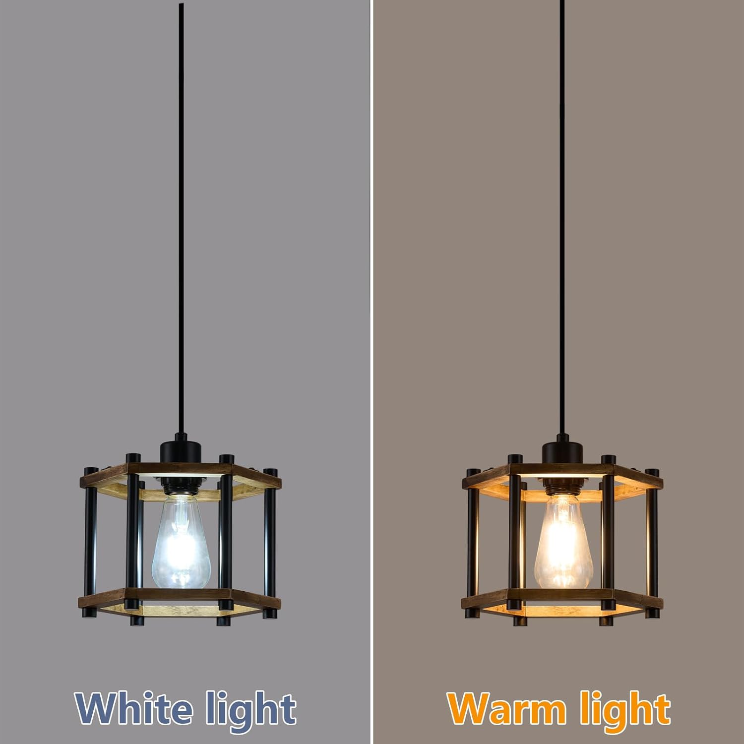 Dijiahua Rustic Farmhouse Plug in Pendant Lights Kitchen Island 1 Pack,1-Light Small Cage Wood Chandelier Light Fixture for Dining Room,Hanging Light with Adjustable Cord On/Off Switch for Hallway