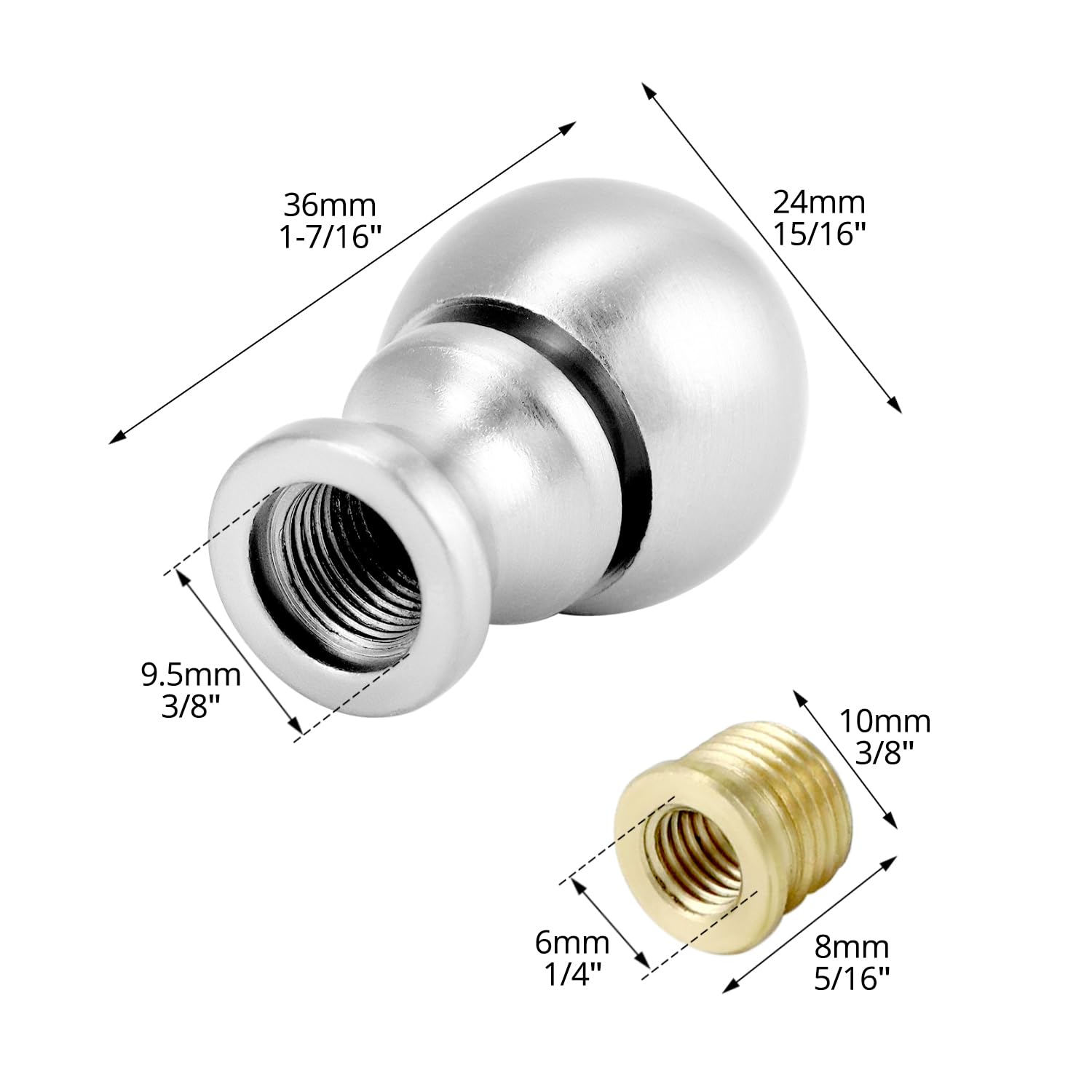 Paquete de 4 remates de lámpara de bola de doble hilo, tapa de rosca plateada, cubierta de tuerca de lámpara para lámparas de mesa y de pie, se adapta a 1/8 IP (3/8 pulgadas) y rosca de arpa 6