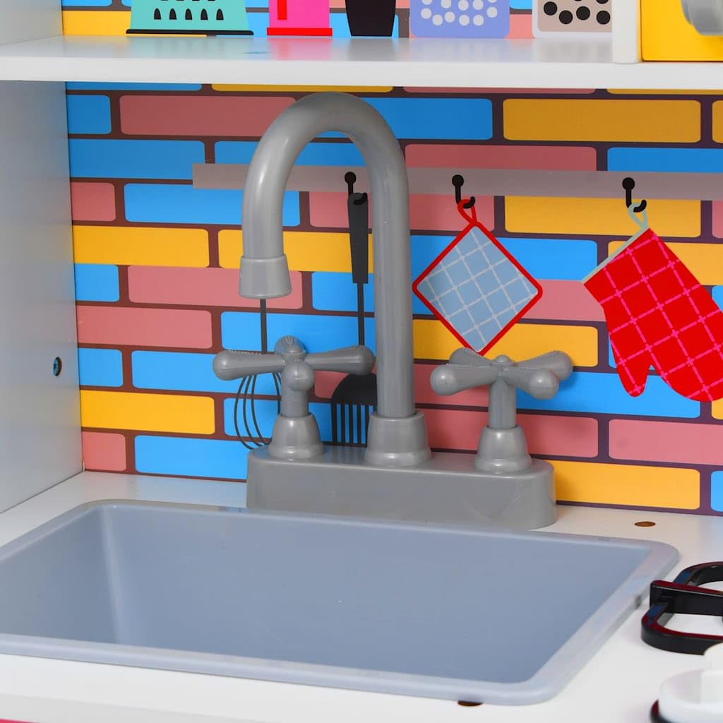 Kinderspielküche MDF mit Mikrowelle, Herd, Spüle und Kühlschrank 80 x 30 x 85 cm Mehrfarbig, pädagogisches Rollenspiel Zubehör für Kleinkind Mädchen Junge, Motorik Förderung