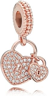 Double Heart Shaped Love Locks Rose Gold Plated 925 Sterling Sliver Crystal Pave Pendant Charm