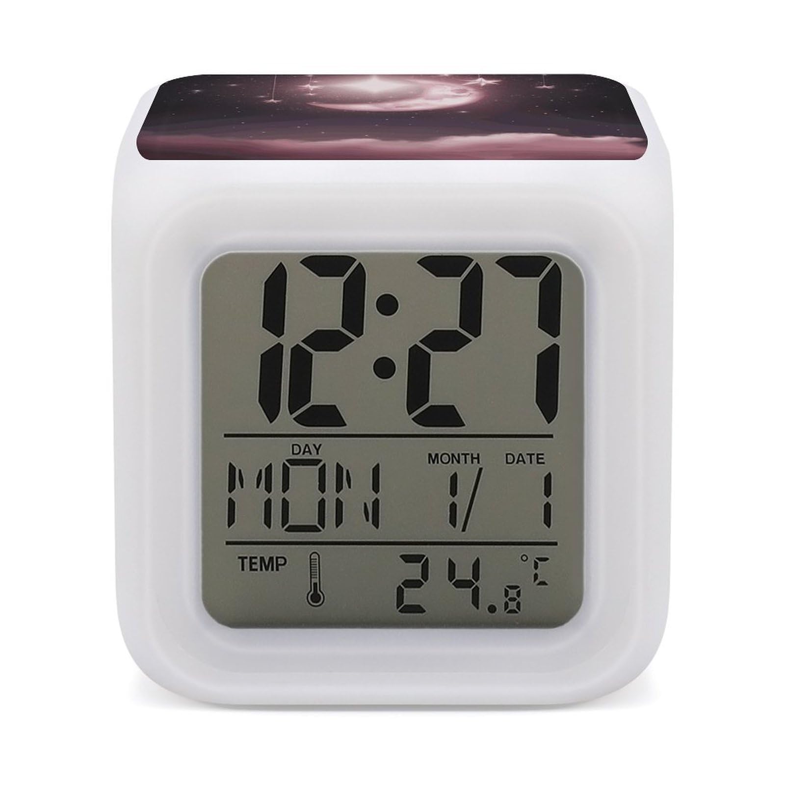 JTREHY Moon Pink Stars Alarm Clock Digital Dimmable Clock for Bedroom LED Display Screen Mini Clocks 7 Color Dimmable Night Lights Time-to-Rise Alarm Clocks for Office Living Room