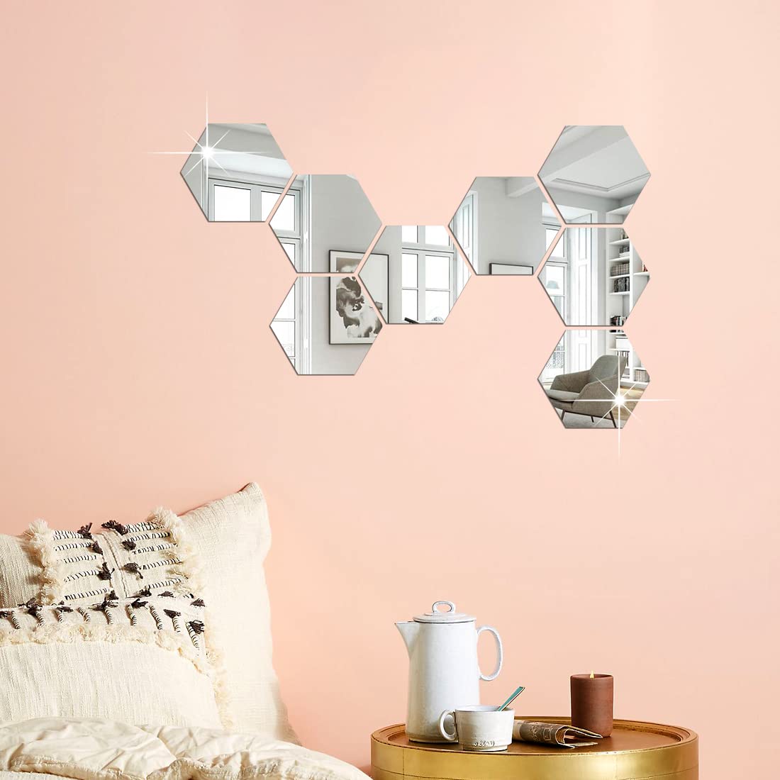 DSticker 8 Hexagon Mirror Silver Wall Stickers for Wall Size (10.5x12.1) Cm Acrylic Mirror for Wall Stickers for Bedroom | Bathroom | Kitchen | Living Room Decoration Items (A-8HexaSilver)