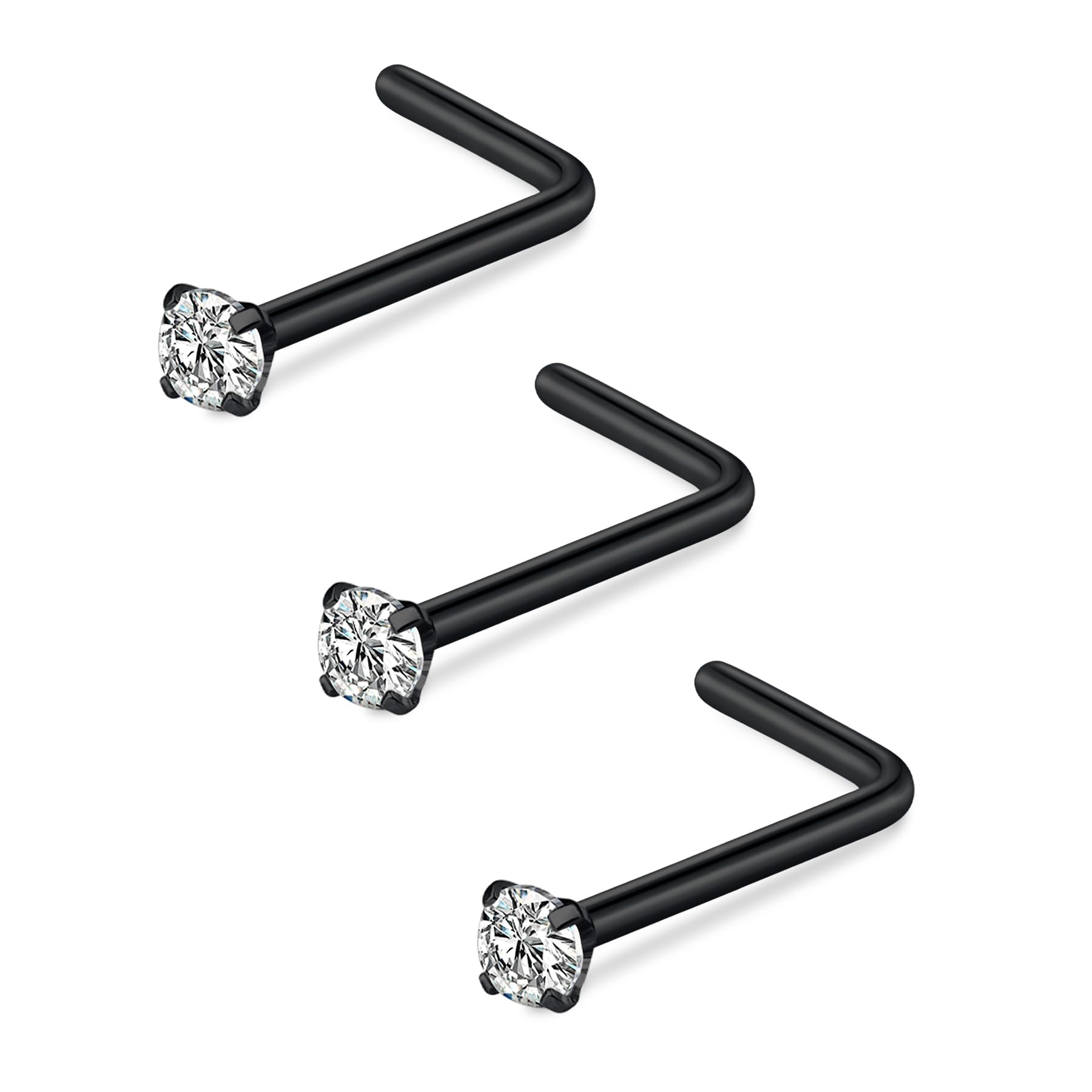 FECTAS Nose Stud L Shape Nose Ring Stud Nose Bar 18G 20G 1.5mm 2mm 2.5mm 3mm L Shaped Nose Piercing Jewellery Stainless Steel Clear Pink Blue Round Star Heart Diamond Silver Gold Black — view 2
