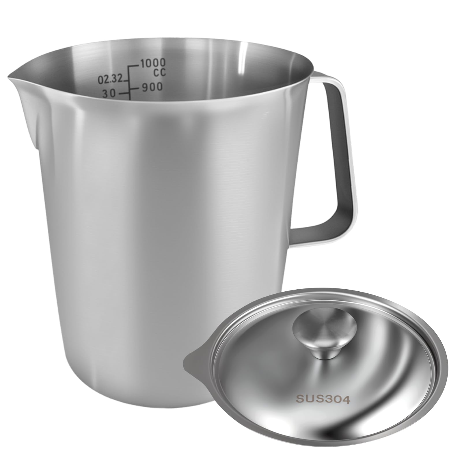 Milk Frothing Pitcher 1L Stainless Steel Milk Jug with Handle and Lid Rust Proof Large Mouth Metal Graduated Beaker with Clear Marking Barista Accessories for Making Cappuccino Latte Espresso