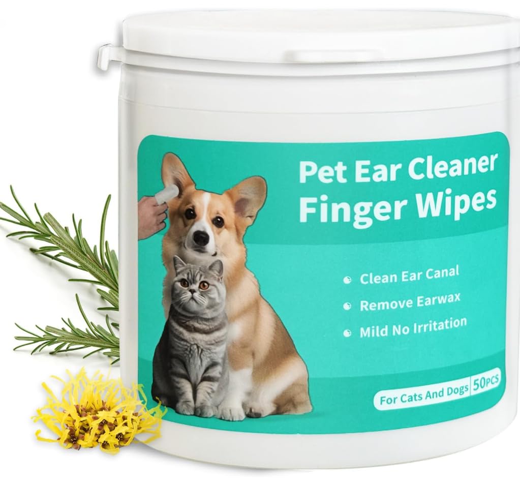 Pet Ear Cleaner Finger Wipes for Dogs, Cats, Gentle Alcohol-Free Formula, Removes Wax, Debris, 50 Count, Vet Approved, 4x8cm