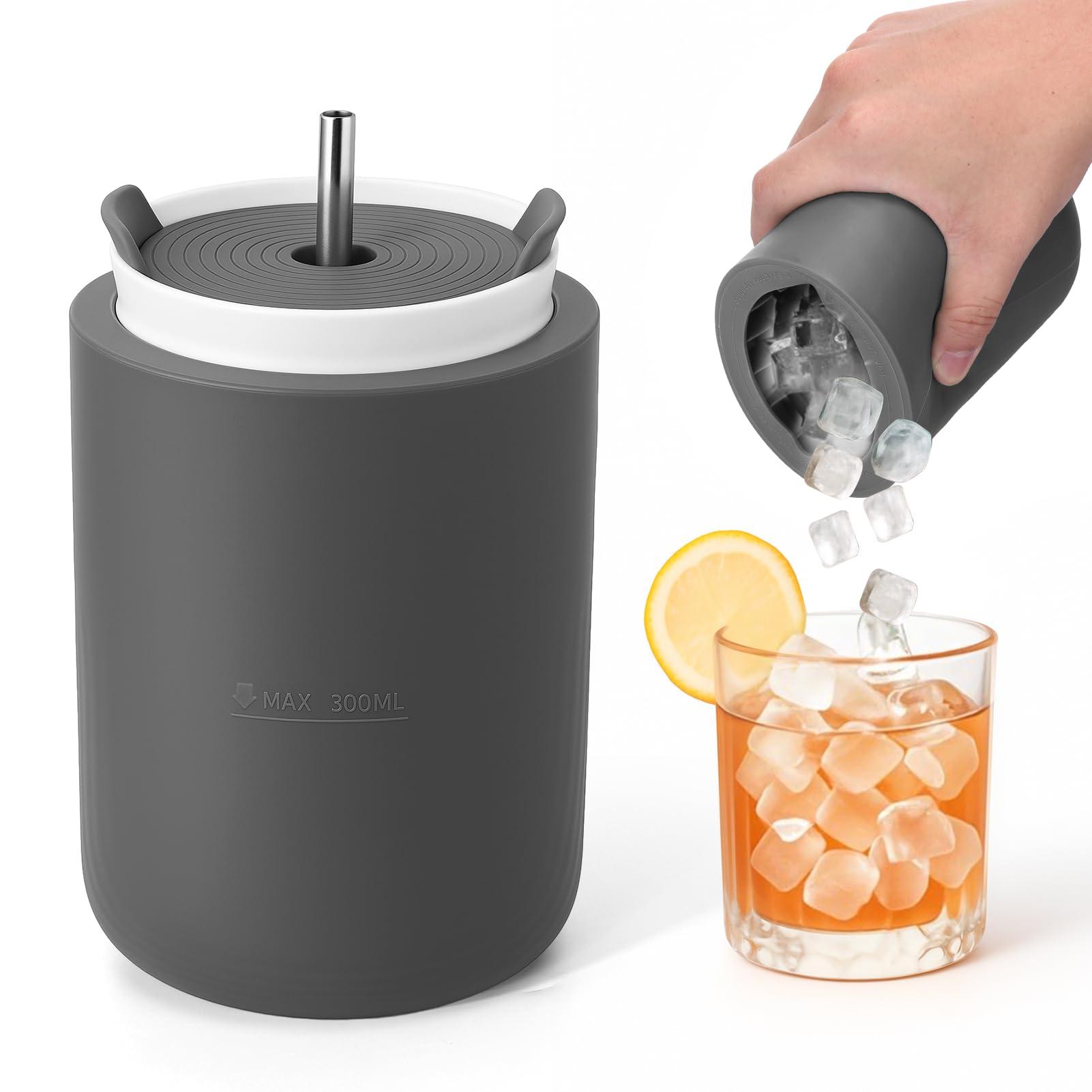 Bac à glaçons cylindrique en silicone pour congélateur avec couvercle – Moules à glaçons faciles à démouler, anti-fuite, sans déversement, réutilisables (gris)