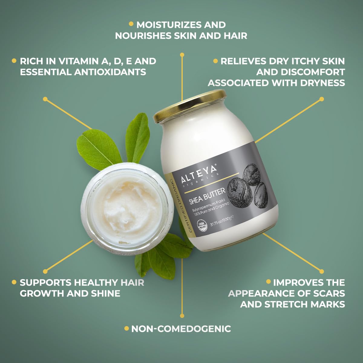 Аlteya Organics Burro di Karitè Biologico 900 g - Certificato USDA biologico 100% Puro, Naturale, Vegano - Burro naturale per il Corpo, Viso, Labbra, Capelli - Nutre, Protegge, Idratare