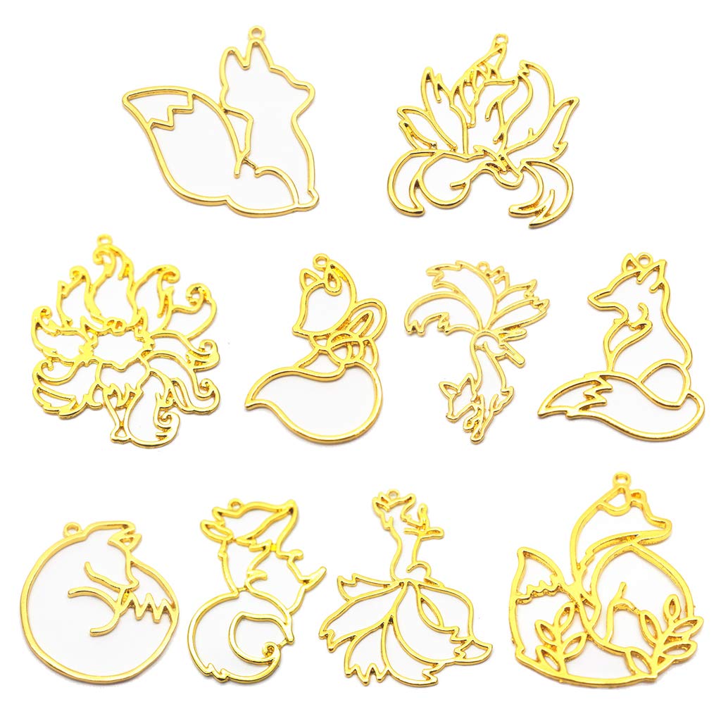 SimpleLif 10Pieces Smart Fox Animal Pendant Open Bezel Setting UV Resin Craft Jewelry Making(Gold)