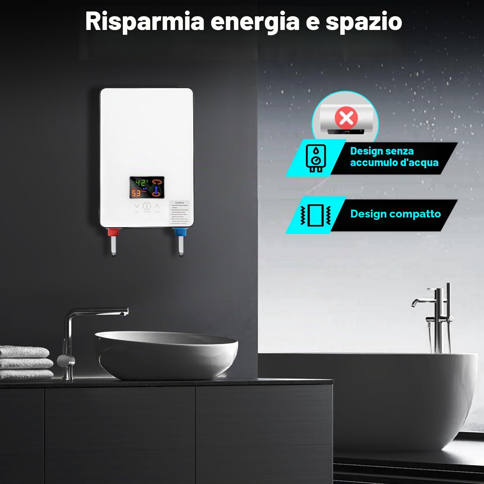 Scaldabagno Elettrico Istantaneo Senza Serbatoio, Digitale, Adatto per Bagno, Parrucchieri, Hotel, Centri Estetici, Scuole, Ospedali, 18,6 * 5,7 * 27,7 cm (Bianco)