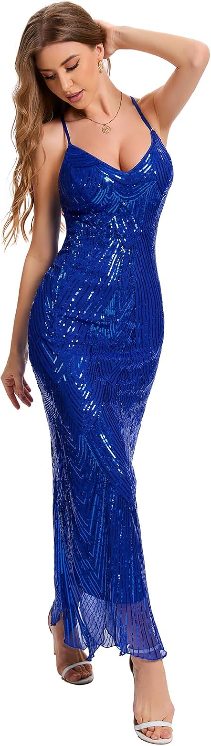 Women's V Neck Spaghetti Straps Sequin Sparkly Glitter Irregular Hem Prom Dress Backless Maxi Evening Gowns - Image 4