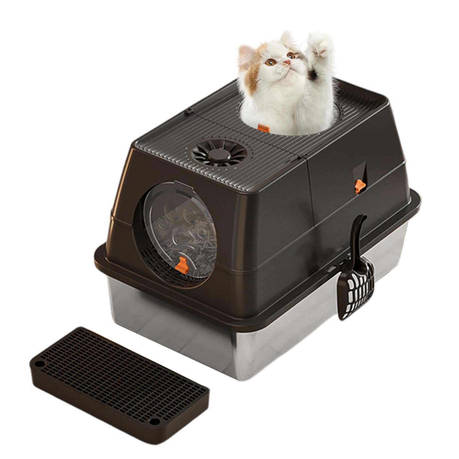 Cachpib Cat Litter Box With High Sided Stainless Steel With Lid, Enclosed Metal Litter Pan, Large Litter Tray Cat Toilet With Sand Filter Pedal & Litter Scoop