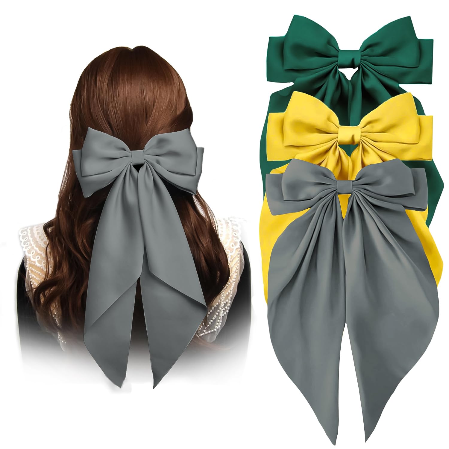 RedChimes Korean Large Hair Silky Satin Bow Clips with Strong Metal Barrettes Clip Ribbon Scarf Clips For Women and Girls Vintage Bowknot Hair Accessories Multicolor (Pack of 3 Style 2, Large)