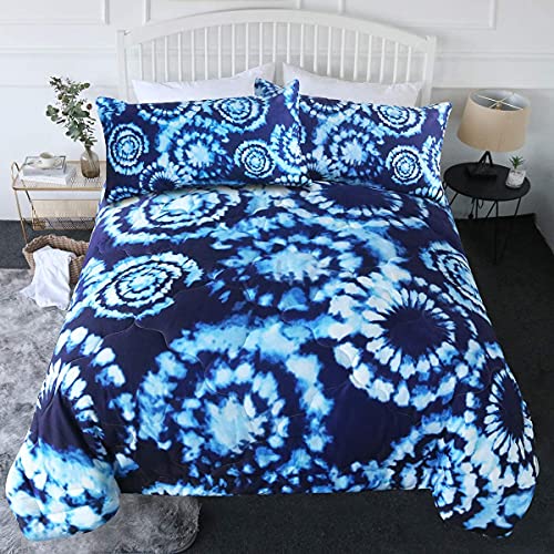 BlessLiving Blue Tie Dye Queen Comforter Set 3 Piece Trippy Bedding Set with 3D Printed Boho Designs Reversible Comforter Full/Queen Size Bed Sets for Adults Men Soft Comfortable