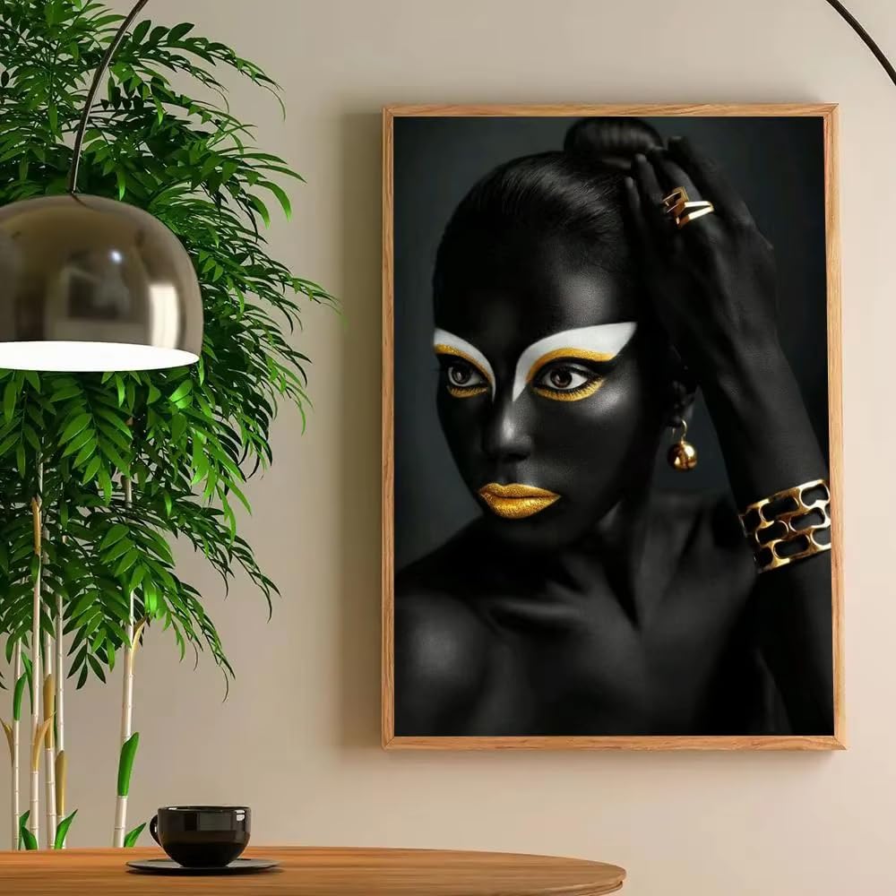 DFZEWKI Modern Black Gold African Woman Portrait Print Home Living Room Bedroom Entrance Bar Restaurant(70x90cm(26x35in)/No frame)