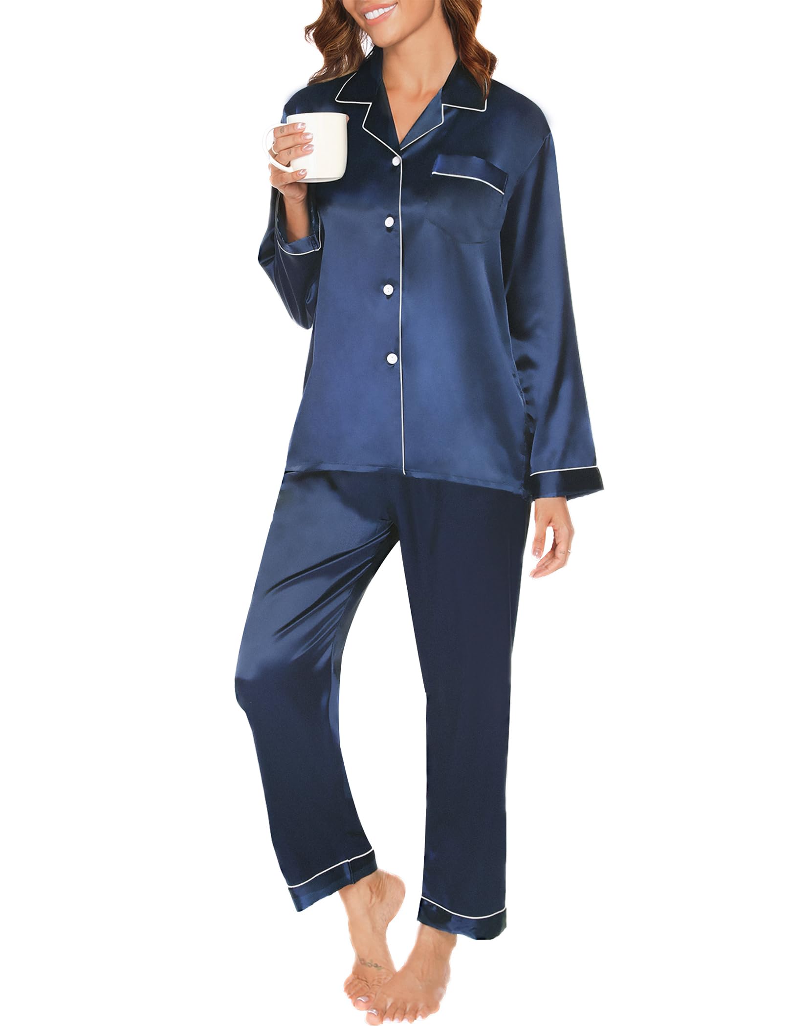 Reliwel Women's Navy Pyjama Sets Silk Satin Long Sleeve Button Down Pyjamas Two Piece Silk Pjs For Sets Sleepwear Loungewear Nightwear For Spring Summer,,L