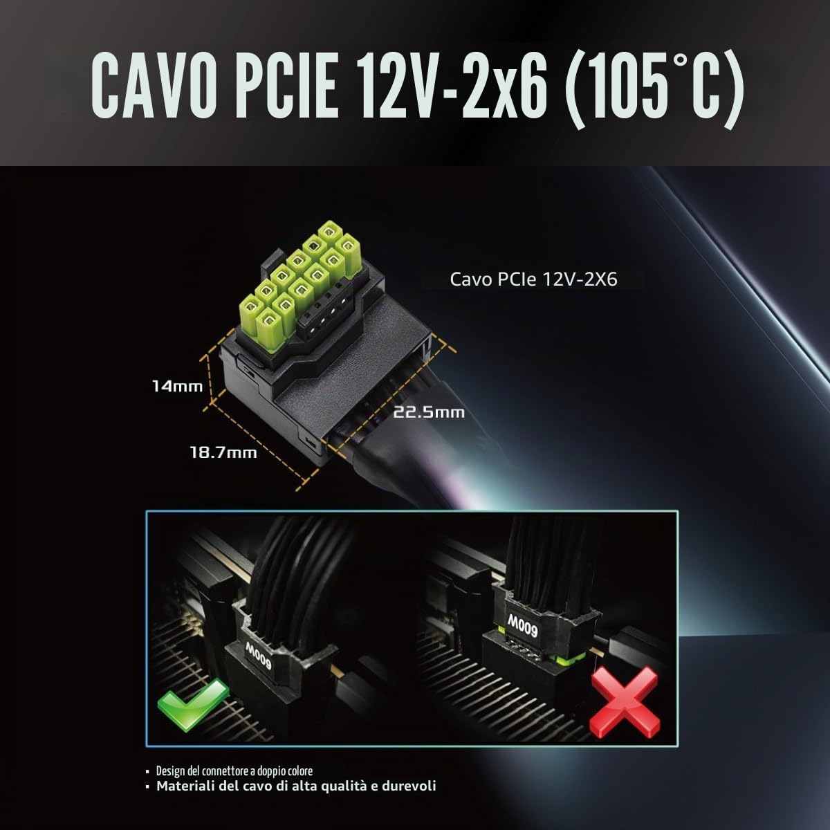 ASRock Cavo di alimentazione 12 V-2 x 6 600 W, conforme ATX 3.1 e PCIe 5.1, connettore GPU a forma di L, terminali HCS 16 AWG, per PSU ASRock Taichi/Phantom Gaming da 750 W +