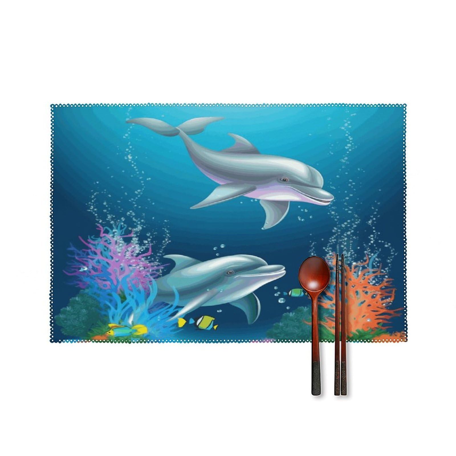 Dolphin and Fish Placemat Set of 6,Thickened Non-Slip Place Mats Heat Resistant Reversible Table Mats Resistant Washable Place Mat for Kitchen Dining Table Decoration Indoor