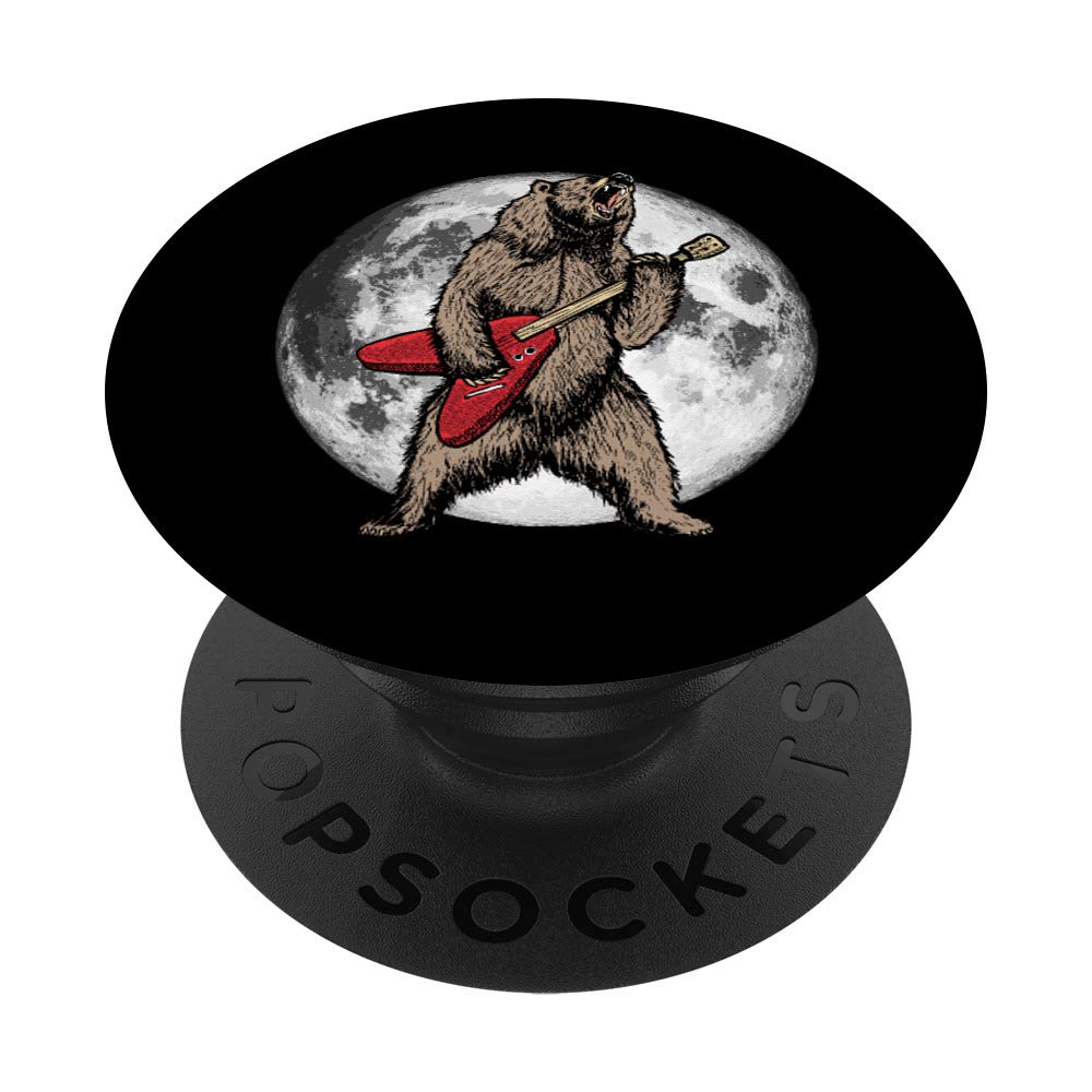 Roaring Grizzly Bear & Moon Sweet 80s Electric Guitar PopSockets PopGrip: Swappable Grip for Phones & Tablets