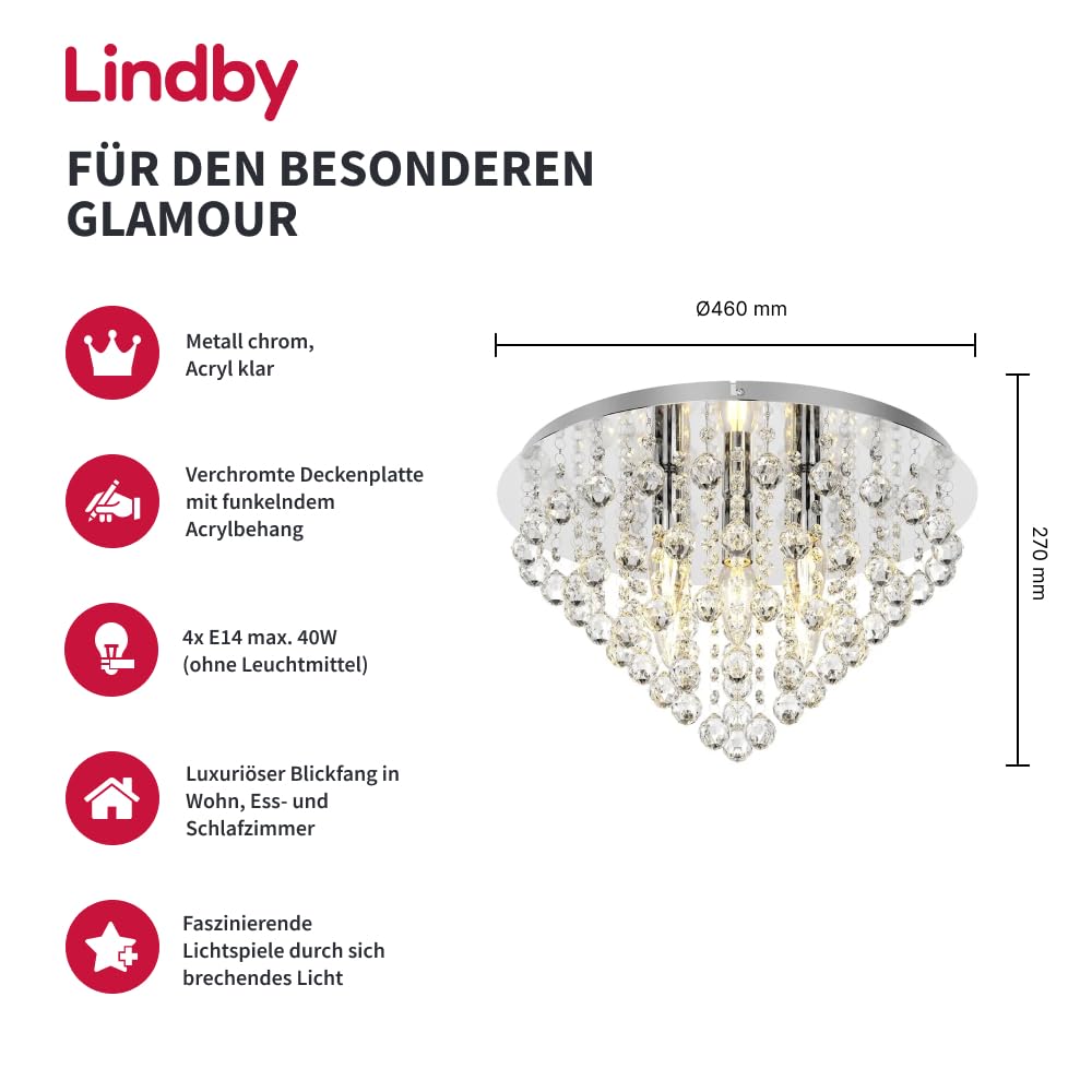 Lindby Kristall Look Deckenleuchte Metall Acryl, Deckenlampe rund 5 flammig 5x E14 max. 40W ohne Leuchtmittel Wohnzimmerlampe Schlafzimmerleuchte