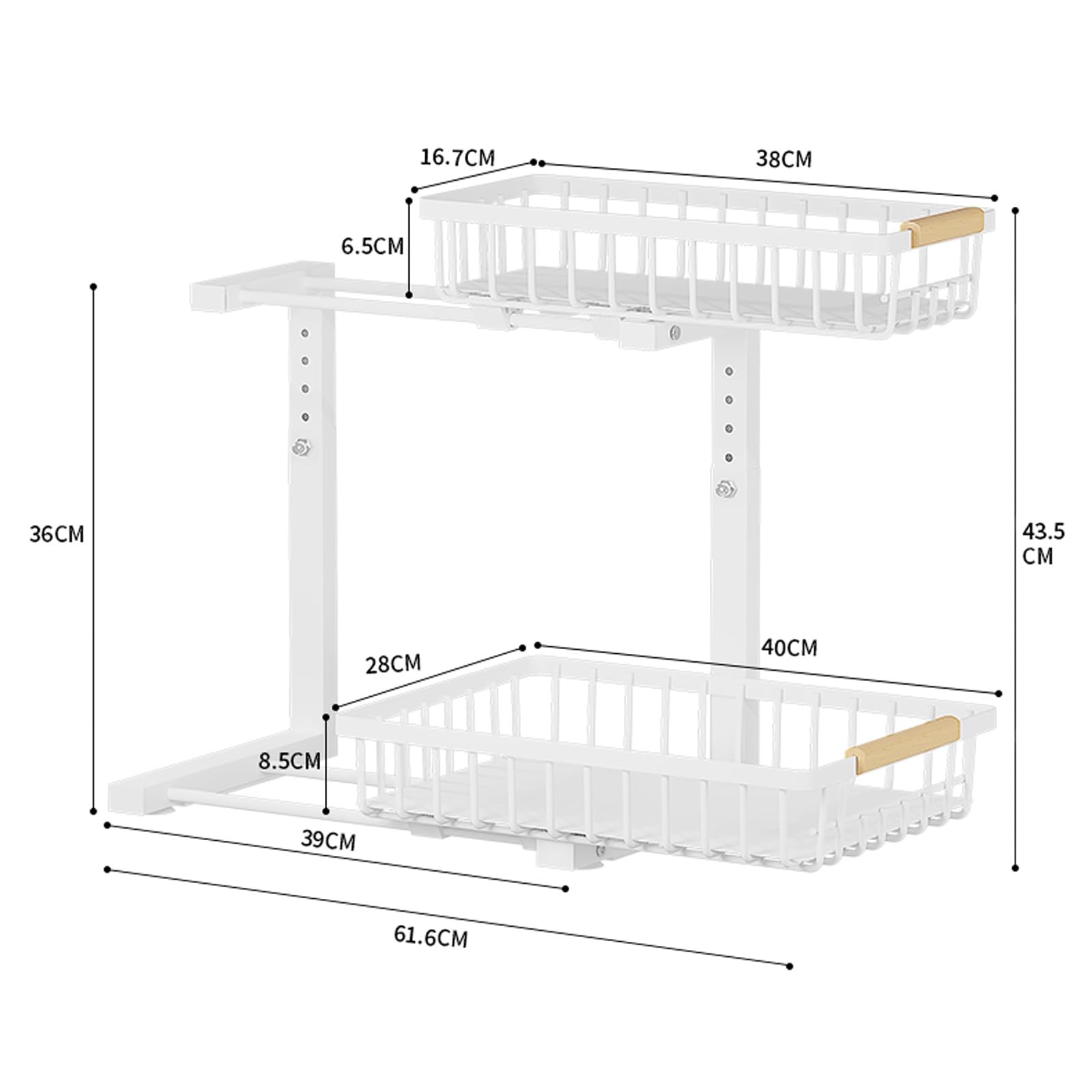 Lot de 2 Rangements sous Evier 2 Niveaux Étagère sous Évier Coulissant avec Hauteur Réglable Porte-épices Métal Tiroir Coulissant pour Cuisine, Salle de Bain, Buanderie (Blanc, 2pack)