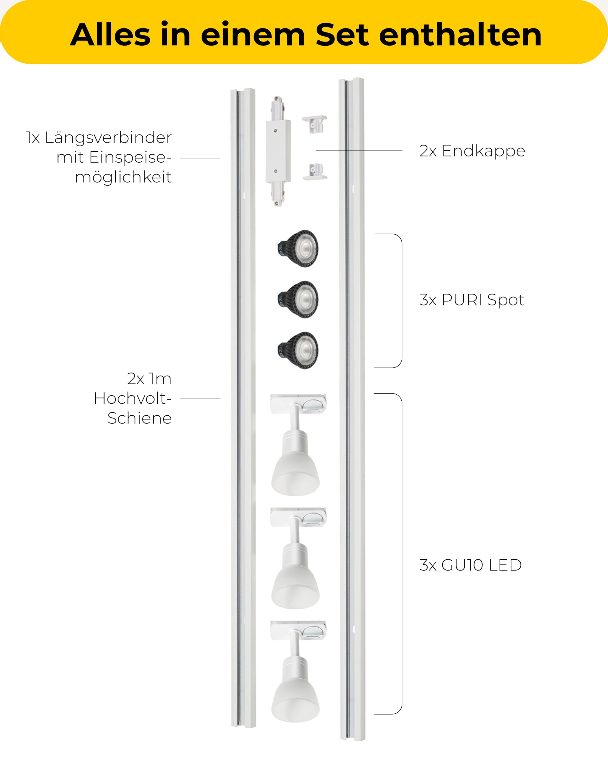 SLV LED Schienensystem PURIA, Starter Set, 1Phasen Schienen-Leuchte zur individuellen Innen-Beleuchtung, dreh- und schwenkbare Decken-Spots, Strahler-Schiene, Deckenstrahler, Decken-Lampe, 3x GU10