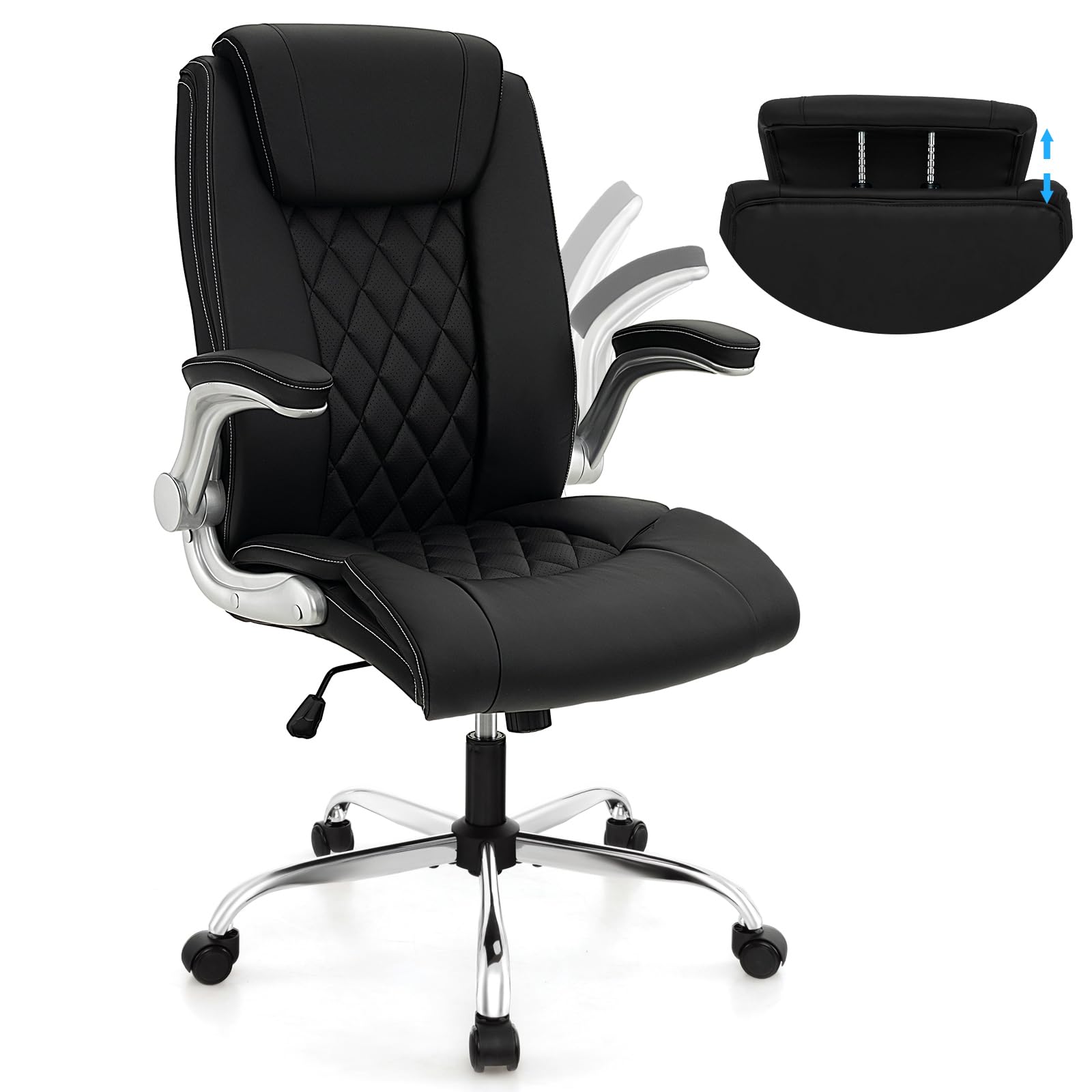 COSTWAY PU Leather Office Chair, Height Adjustable Executive Chair with Rocking Function, 6-position Adjustable Headrest, Flip up Armrests & Wheels, Home Office Swivel Computer Desk Chair (Black) — image 1