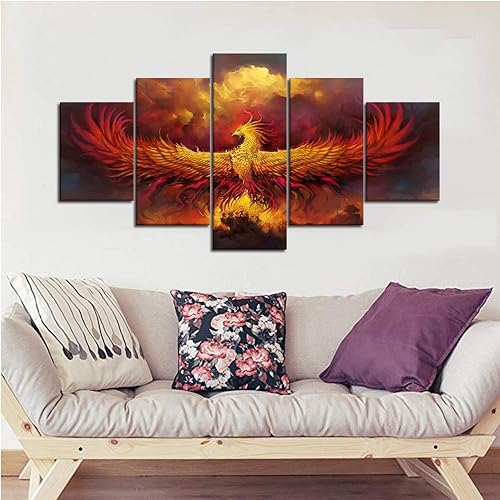 Miniatura 5 de Yatsen Bridge Pintura en lienzo de Fénix de Fuego, 5 paneles, arte de pared de fénix ardiente, cuadros vintage, póster impreso, arte de arte para