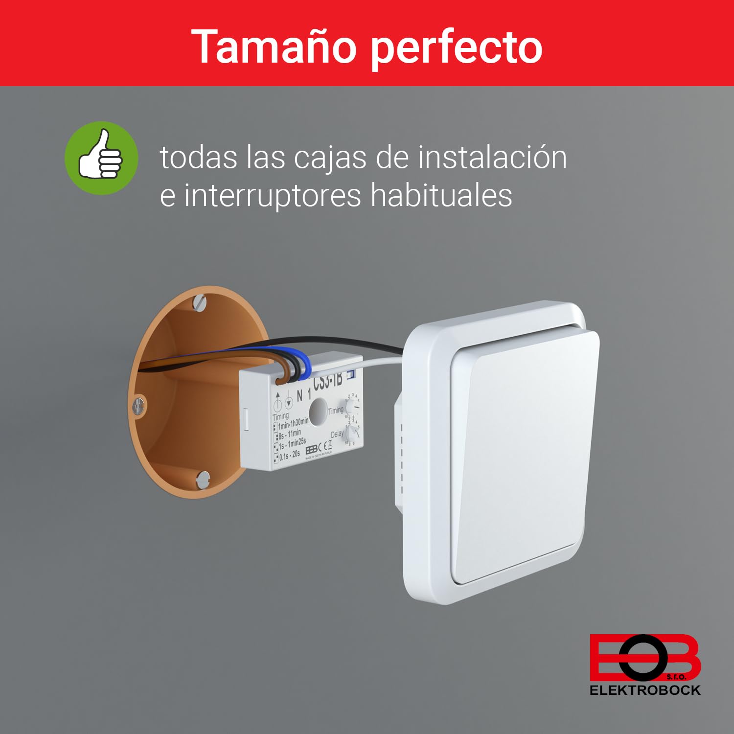 ELEKTROBOCK CS3-1B relé Temporizador | Interruptor temporizado 230 V | para Ventiladores e iluminación | Montaje en Caja de instalación Debajo del Interruptor con conexión por Cable