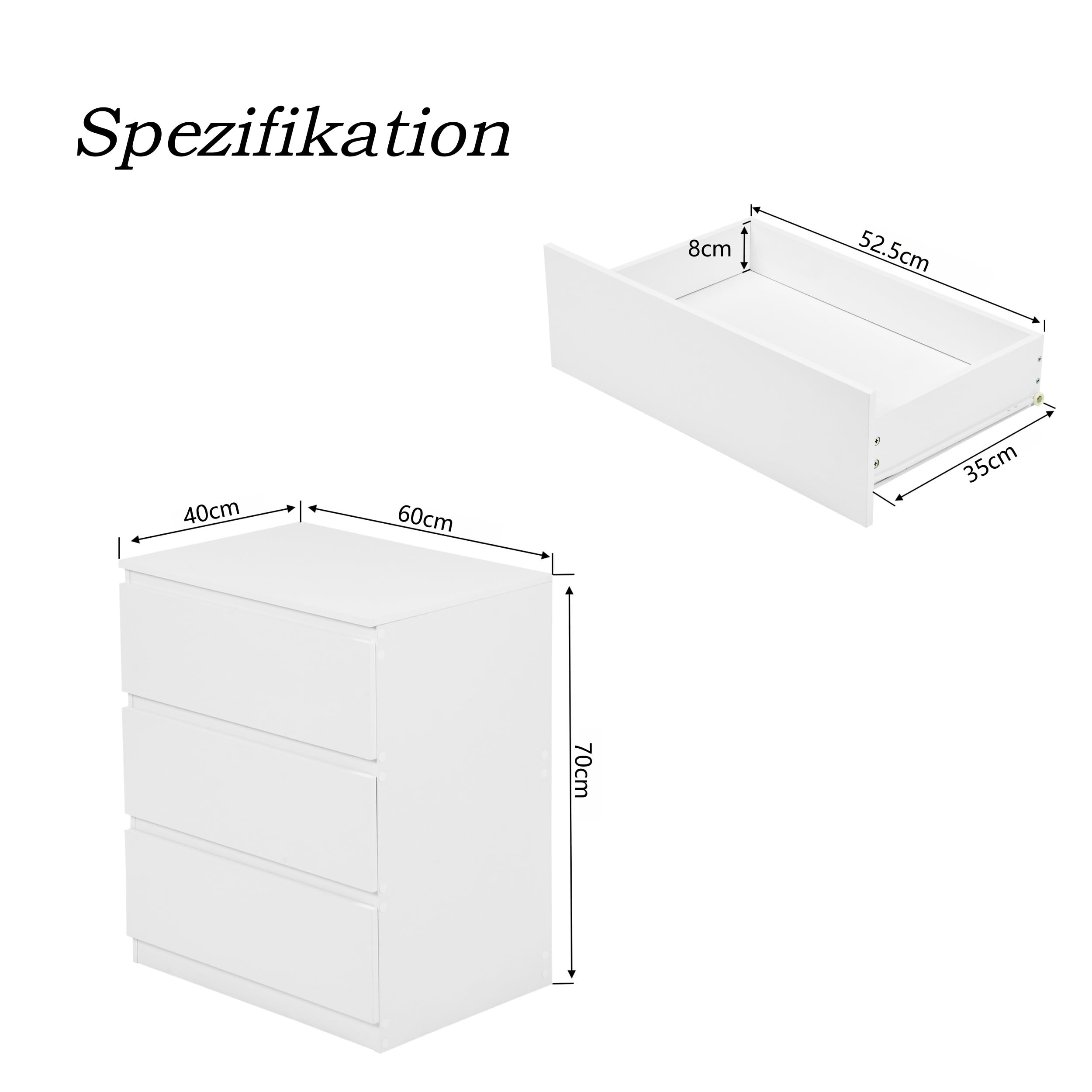 2er Set Komodenschrank für Schlafzimmer 60 cm Breit Kommode Weiß mit 3 Schubladen, Nachtkasten Schubladenkommode Kommode&Sideboard Komoda Weiss für Büro Wohnzimmer Schlafzimmer Flur Möbel(60x40x70CM)