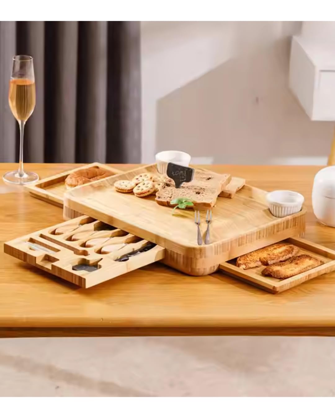 Premsons® Bamboo Cheese Board & Knife Set - 4 Knives + 4 Forks + Ceramic Bowl Set - Charcoal Slate Chalk Marker Cutlery Three Slide Out Drawer - Ideal for Home Dinner Special Occasions 4